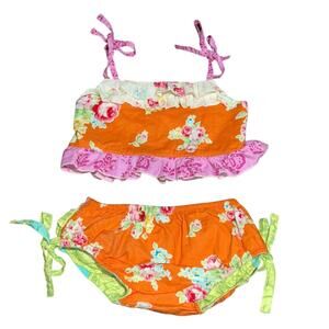 Sweet Honey Girls Size 5 Floral Ruffle 2-Piece Swimsuit Orange Pink Green Cotton